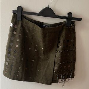 Nanette Lepore Olive Green Embellished Mini Skirt with Chain Accents